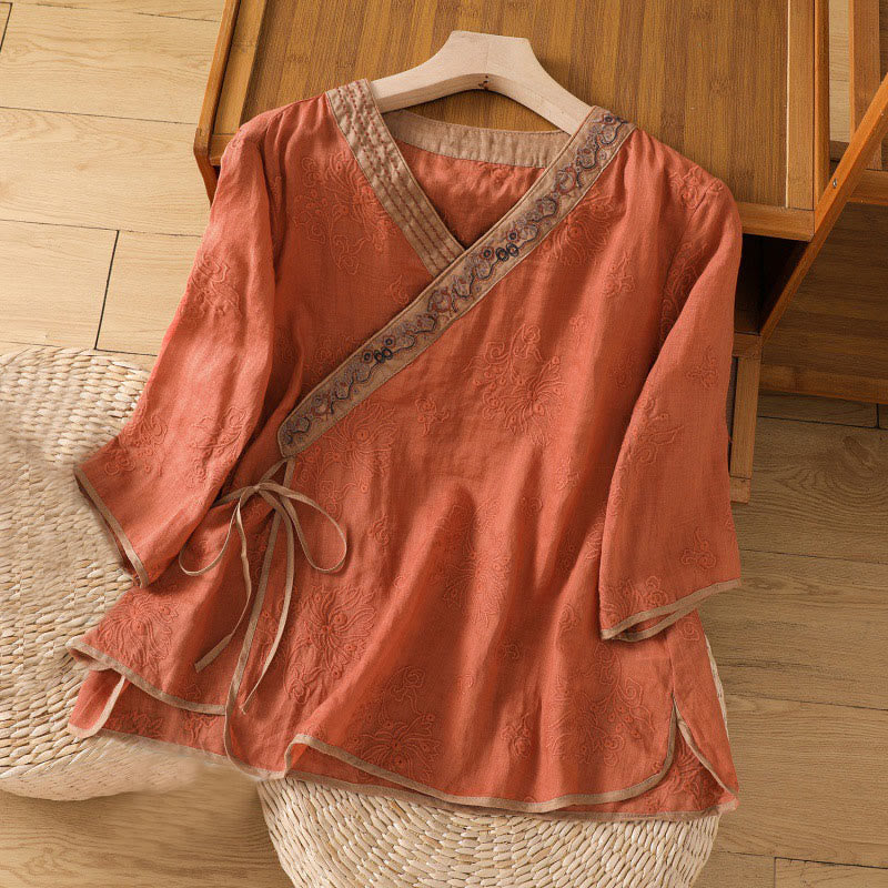 Buddha Stones Summer Vintage Embroidery Plant Floral Lace-Up Design V-Neck Women's Cotton Linen Shirt - OrangeRed - US8-10，UK/AU12-14，EU40-42 (2XL) - image 0