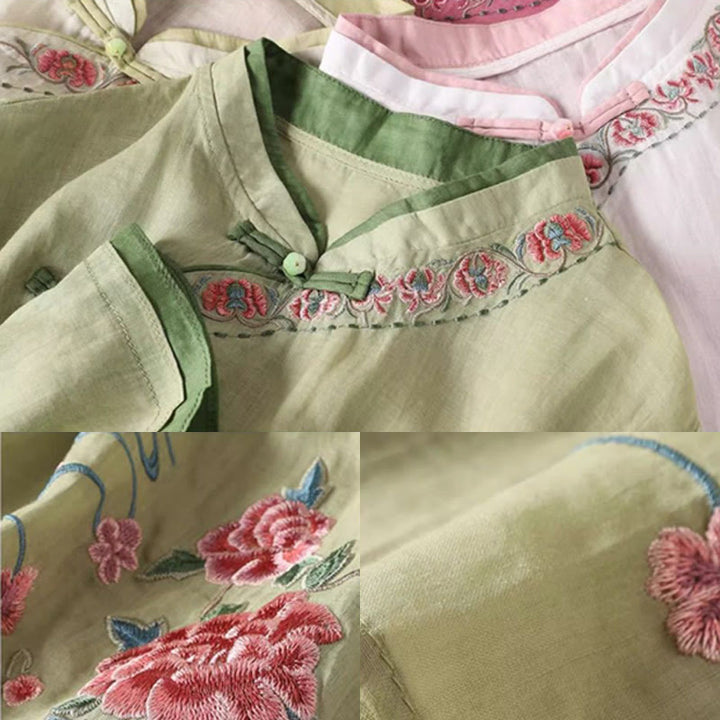 Buddha Stones Vintage Zen Embroidery Plant Floral Pattern Chinese Frog-Button Design Three Quarter Sleeve Women's Cotton Linen Shirt - image 5