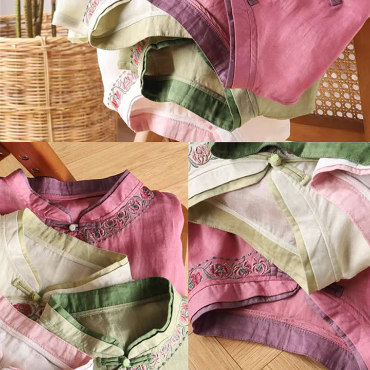 Buddha Stones Vintage Zen Embroidery Plant Floral Pattern Chinese Frog-Button Design Three Quarter Sleeve Women's Cotton Linen Shirt - image 8