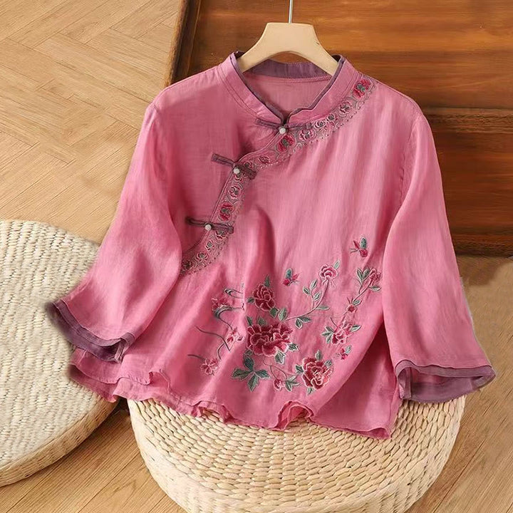Buddha Stones Vintage Zen Embroidery Plant Floral Pattern Chinese Frog-Button Design Three Quarter Sleeve Women's Cotton Linen Shirt - MediumVioletRed - US12，UK/AU16，EU44 (4XL) - image 4