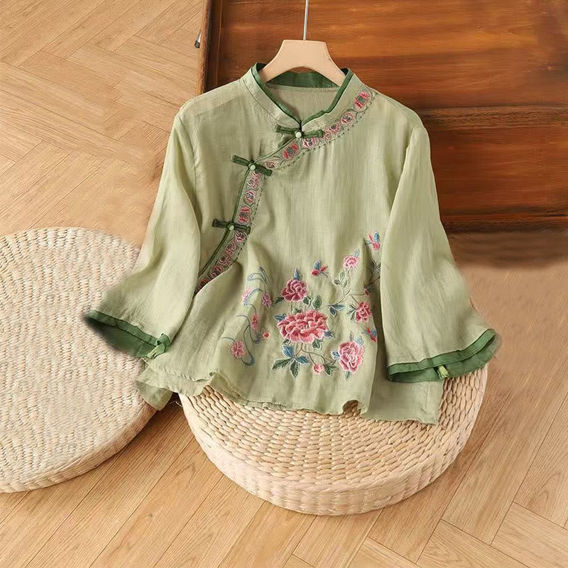 Buddha Stones Vintage Zen Embroidery Plant Floral Pattern Chinese Frog-Button Design Three Quarter Sleeve Women's Cotton Linen Shirt - LightGreen - US14，UK/AU18，EU46 (4XL) - image 0