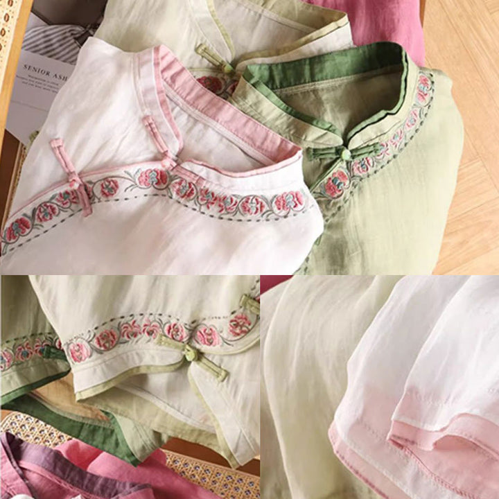 Buddha Stones Vintage Zen Embroidery Plant Floral Pattern Chinese Frog-Button Design Three Quarter Sleeve Women's Cotton Linen Shirt - image 7