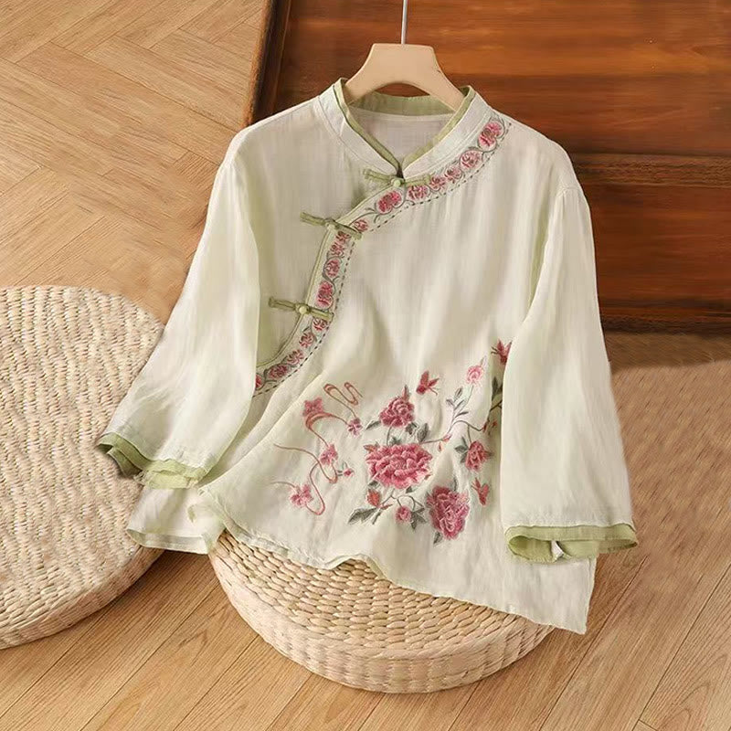 Buddha Stones Vintage Zen Embroidery Plant Floral Pattern Chinese Frog-Button Design Three Quarter Sleeve Women's Cotton Linen Shirt - LightYellow - US12，UK/AU16，EU44 (4XL) - image 3