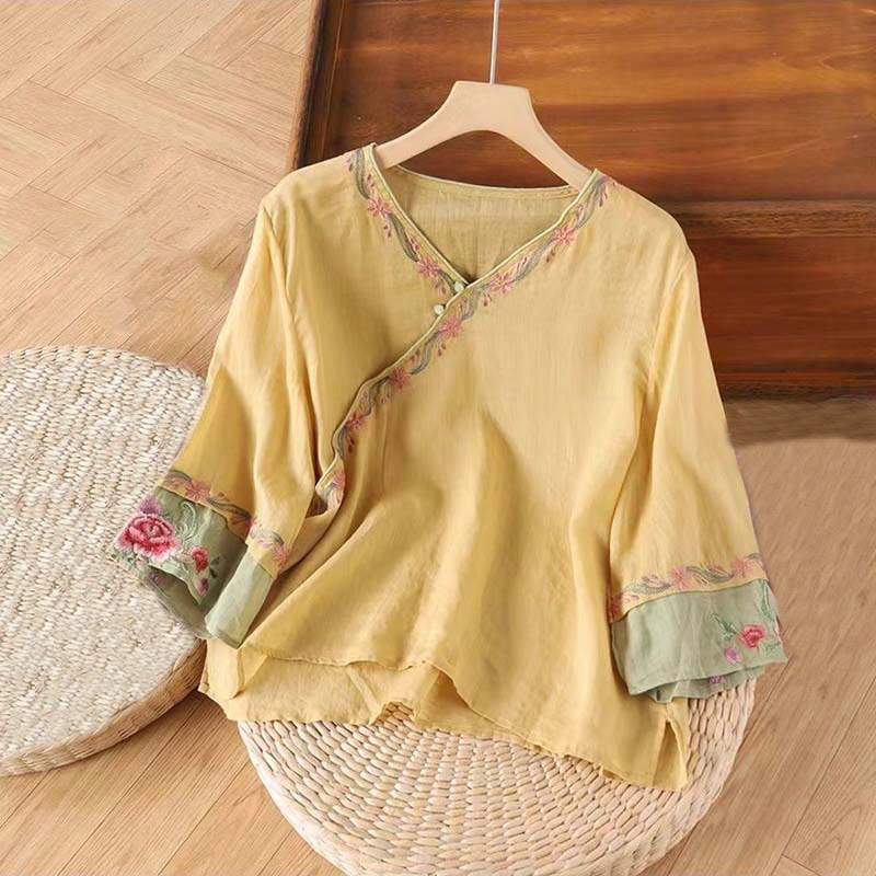 Buddha Stones Spring Retro Embroidery Button Design Three Quarter Sleeve Women's Cotton Shirt - Khaki - US14，UK/AU18，EU46 (4XL) - image 5