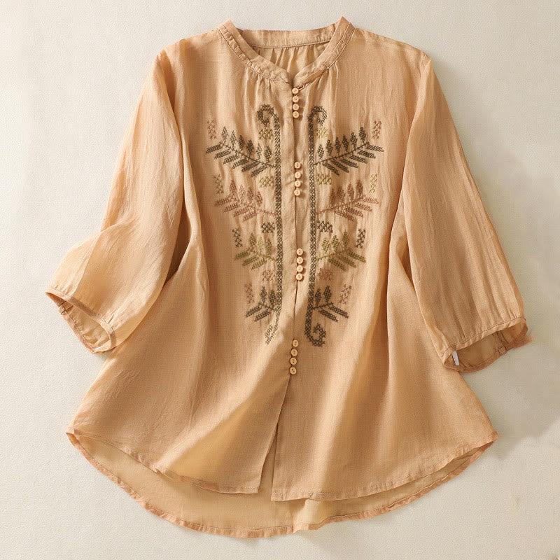 Buddha Stones Casual Artistic Embroidery Leaves Pattern Women's Cotton Linen Three Quarter Sleeve Shirt Cardigan - Orange - US8-10，UK/AU12-14，EU40-42 (2XL) - image 0