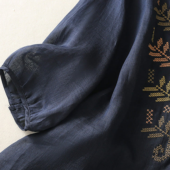 Buddha Stones Casual Artistic Embroidery Leaves Pattern Women's Three Quarter Sleeve Shirt - image 11