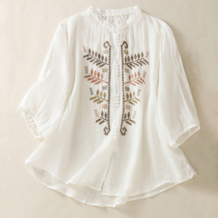 Buddha Stones Casual Artistic Embroidery Leaves Pattern Women's Cotton Linen Three Quarter Sleeve Shirt Cardigan - White - US8-10，UK/AU12-14，EU40-42 (2XL) - image 14