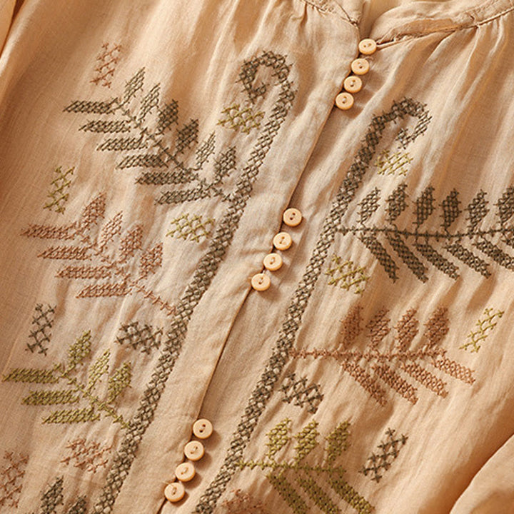 Buddha Stones Casual Artistic Embroidery Leaves Pattern Women's Cotton Linen Three Quarter Sleeve Shirt Cardigan - image 5