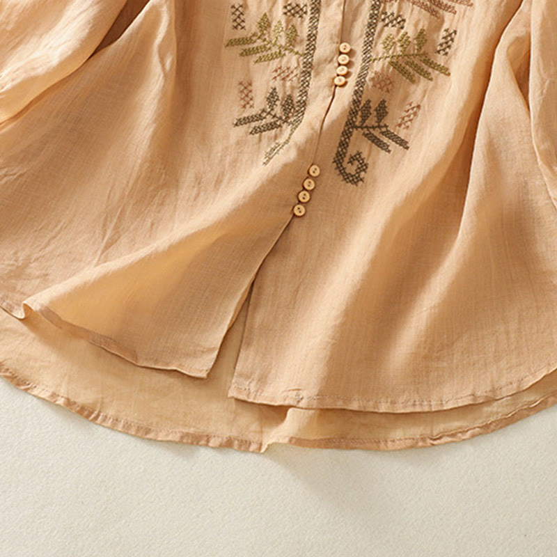 Buddha Stones Casual Artistic Embroidery Leaves Pattern Women's Cotton Linen Three Quarter Sleeve Shirt Cardigan - image 7