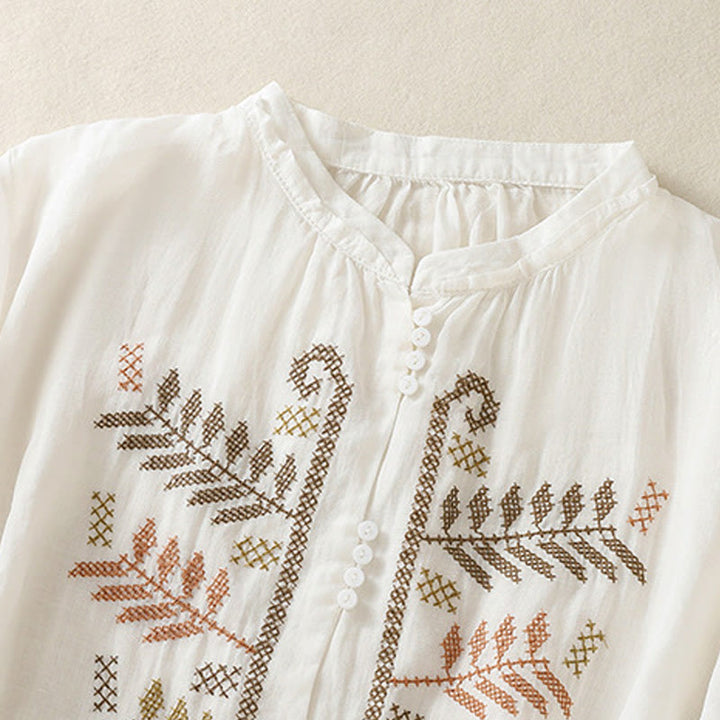 Buddha Stones Casual Artistic Embroidery Leaves Pattern Women's Cotton Linen Three Quarter Sleeve Shirt Cardigan - image 15