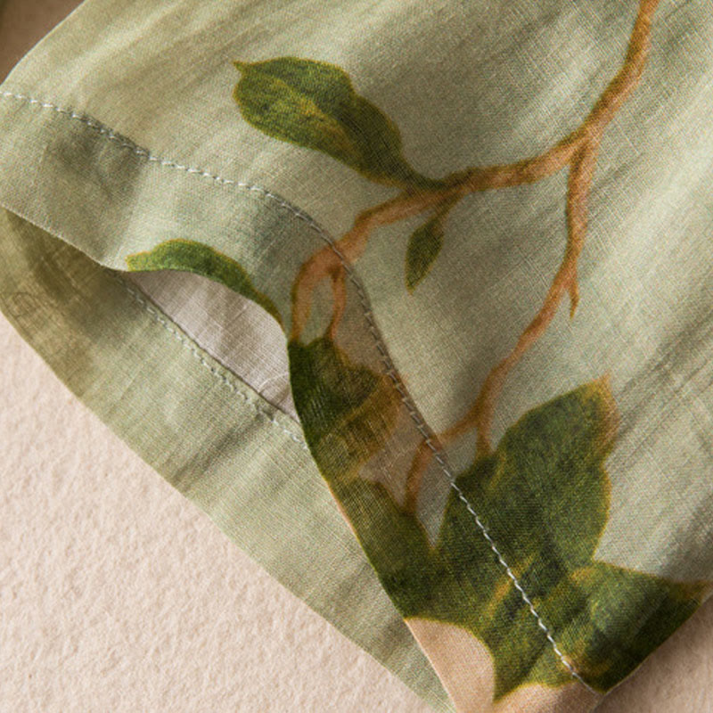 Buddha Stones Lightgreen Casual Artistic Printing Flower Pattern Chinese Frog-Button Design Women's Cotton Linen Long Sleeve Shirt Cardigan - image 12