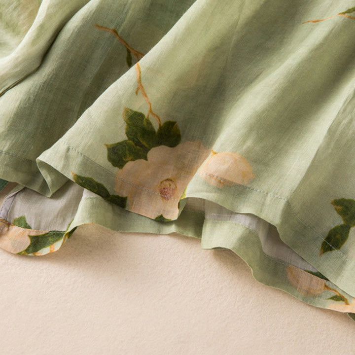 Buddha Stones Lightgreen Casual Artistic Printing Flower Pattern Chinese Frog-Button Design Women's Cotton Linen Long Sleeve Shirt Cardigan - image 15