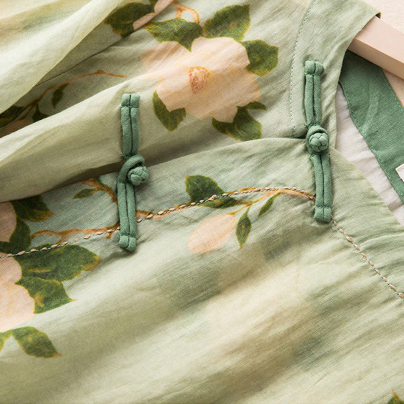 Buddha Stones Lightgreen Casual Artistic Printing Flower Pattern Chinese Frog-Button Design Women's Cotton Linen Long Sleeve Shirt Cardigan - image 6