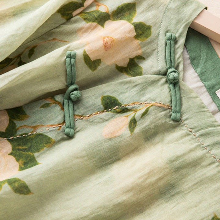 Buddha Stones Lightgreen Casual Artistic Printing Flower Pattern Chinese Frog-Button Design Women's Cotton Linen Long Sleeve Shirt Cardigan - image 6