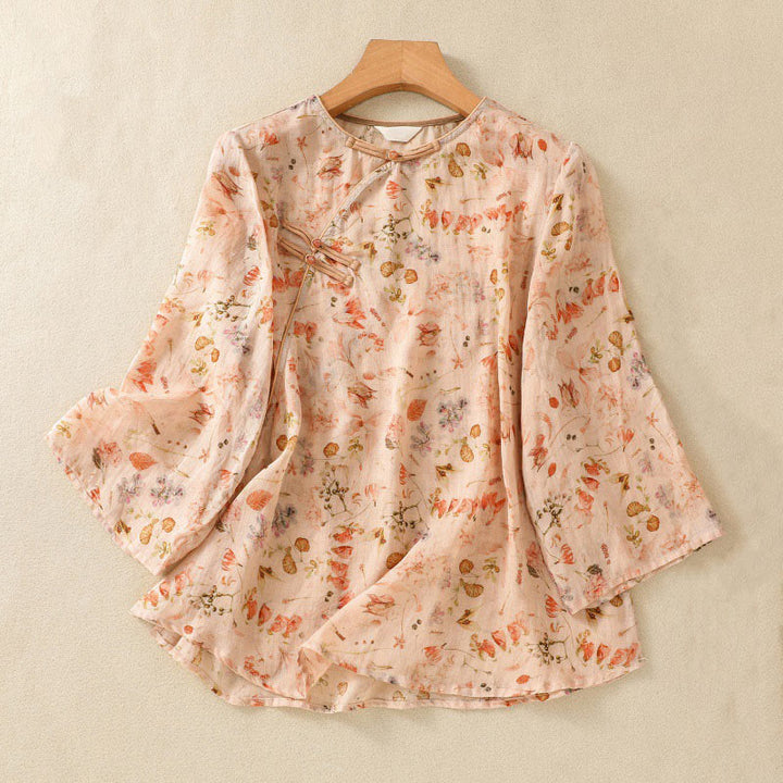 Buddha Stones Summer Casual Printing Frog-Button Design Women's Cotton Linen Long Sleeve Shirt - NavajoWhite - US8-10，UK/AU12-14，EU40-42 (2XL) - image 0