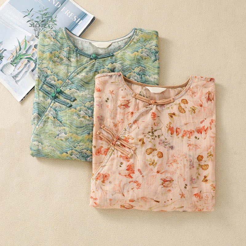 Buddha Stones Summer Casual Printing Frog-Button Design Women's Cotton Linen Long Sleeve Shirt - image 19