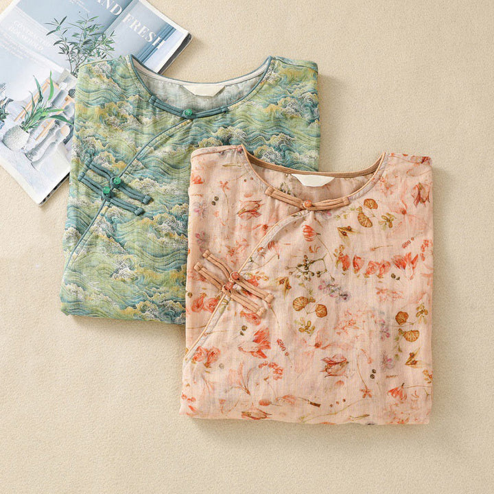 Buddha Stones Summer Casual Printing Frog-Button Design Women's Cotton Linen Long Sleeve Shirt - image 19