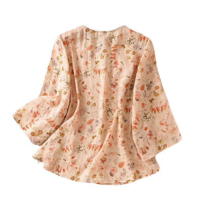 Buddha Stones Summer Casual Printing Frog-Button Design Women's Cotton Linen Long Sleeve Shirt - image 9