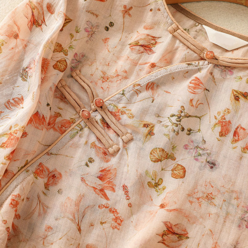 Buddha Stones Summer Casual Printing Frog-Button Design Women's Cotton Linen Long Sleeve Shirt - image 5