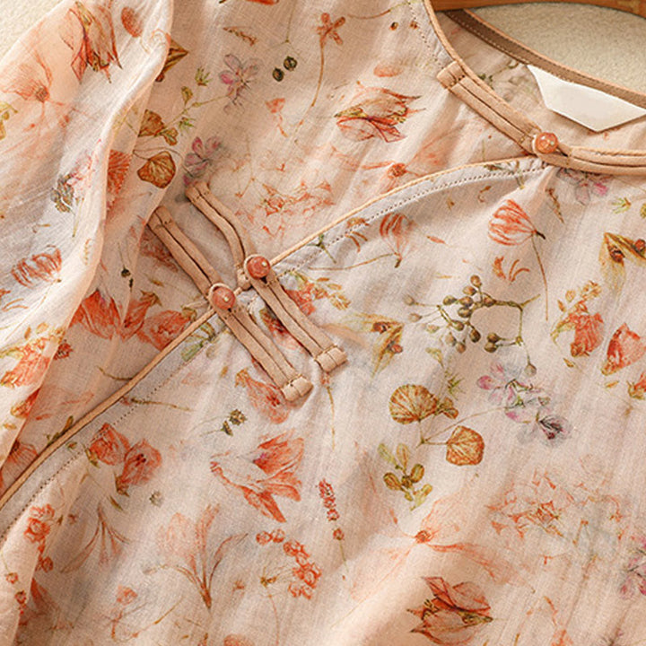 Buddha Stones Summer Casual Printing Frog-Button Design Women's Cotton Linen Long Sleeve Shirt - image 5