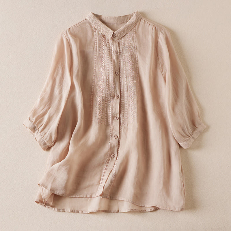 Buddha Stones Summer Vintage Casual Pure Color Embroiderd Button Design Women's Cotton Linen Half Sleeve Shirt - BurlyWood - US8-10，UK/AU12-14，EU40-42 (2XL) - image 0