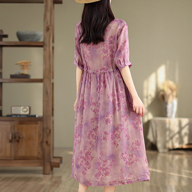 Buddha Stones Retro Printing Floral Pattern Drawstring Design Half Sleeve Cotton Midi Dress With Pockets - image 15