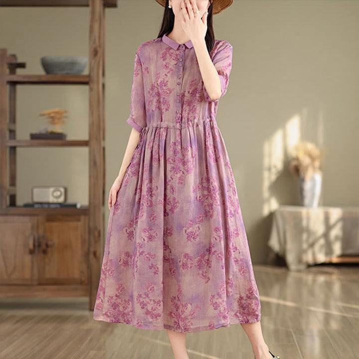 Buddha Stones Retro Printing Floral Pattern Drawstring Design Half Sleeve Cotton Midi Dress With Pockets - image 14