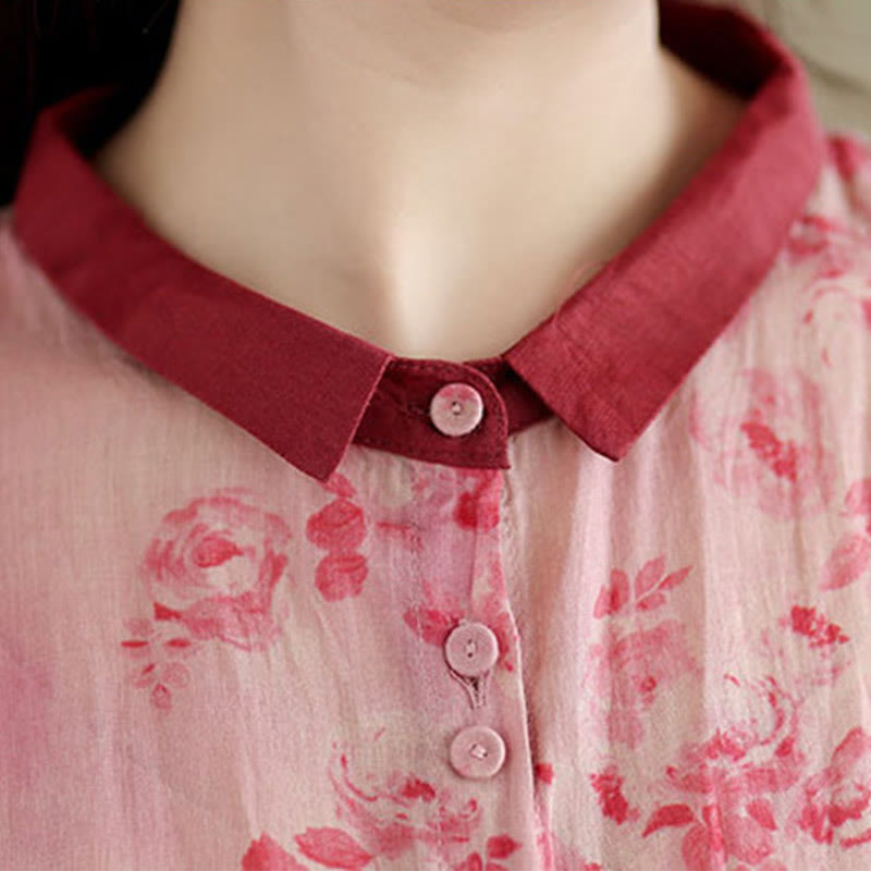 Buddha Stones Retro Printing Floral Pattern Drawstring Design Half Sleeve Cotton Midi Dress With Pockets - image 4