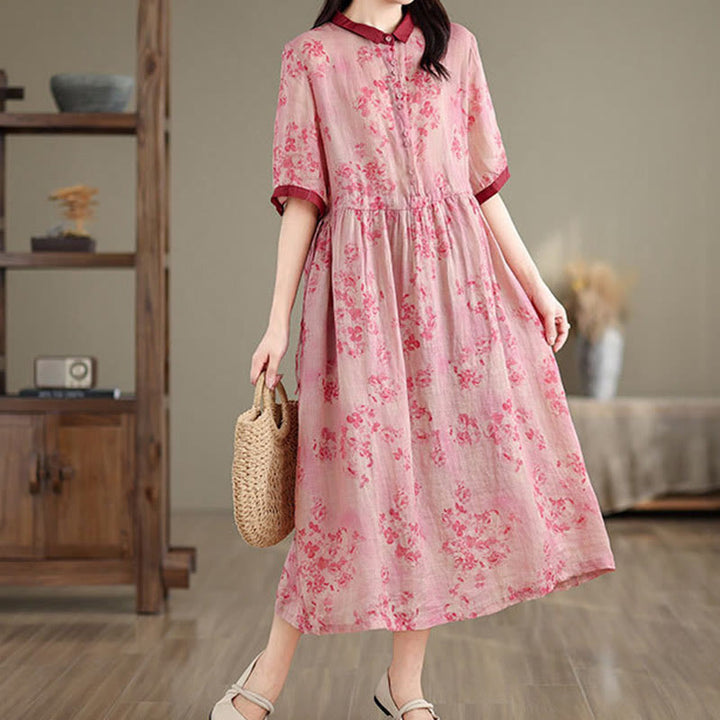 Buddha Stones Retro Printing Floral Pattern Drawstring Design Half Sleeve Cotton Midi Dress With Pockets - image 2