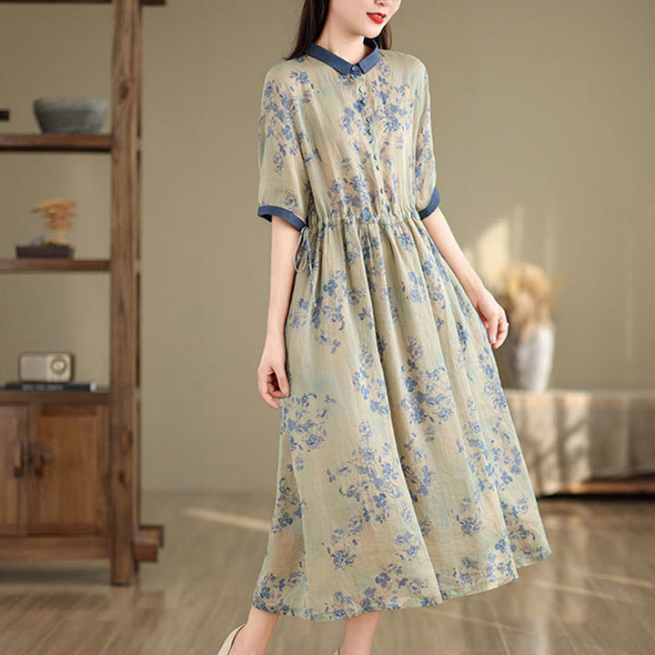 Buddha Stones Retro Printing Floral Pattern Drawstring Design Half Sleeve Cotton Midi Dress With Pockets - image 9
