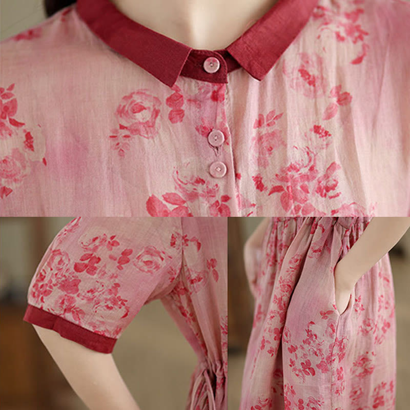 Buddha Stones Retro Printing Floral Pattern Drawstring Design Half Sleeve Cotton Midi Dress With Pockets - image 5