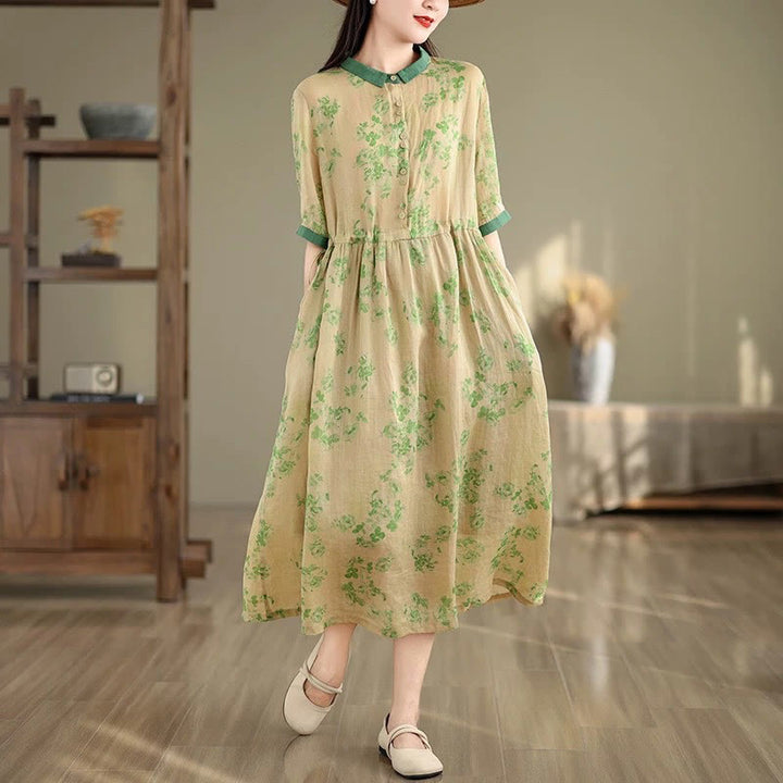 Buddha Stones Retro Printing Floral Pattern Drawstring Design Half Sleeve Cotton Midi Dress With Pockets - SeaGreen - US8-10，UK/AU12-14，EU40-42 (2XL) - image 16
