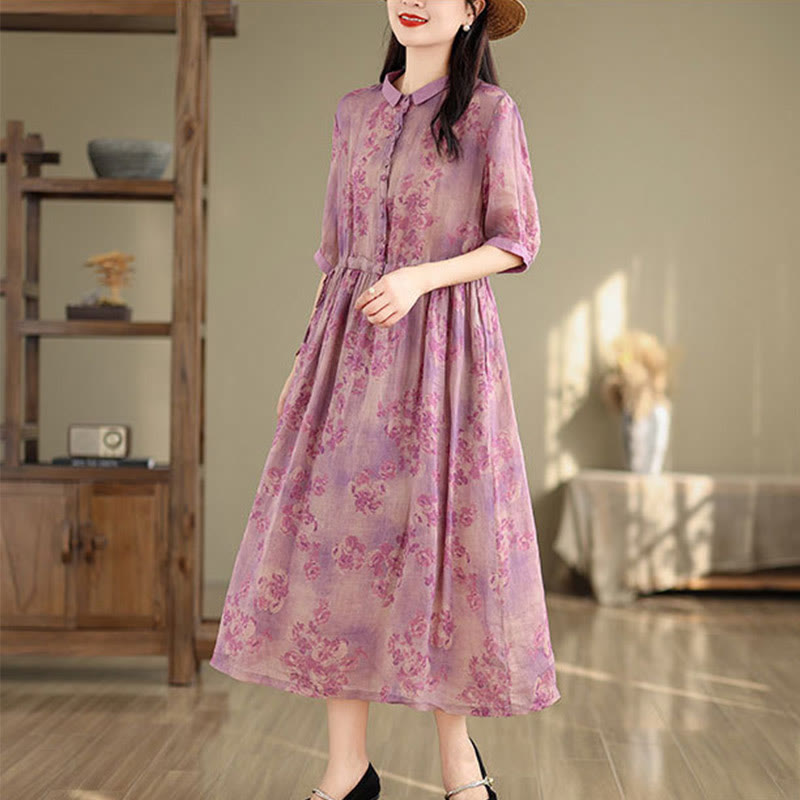 Buddha Stones Retro Printing Floral Pattern Drawstring Design Half Sleeve Cotton Midi Dress With Pockets - image 13