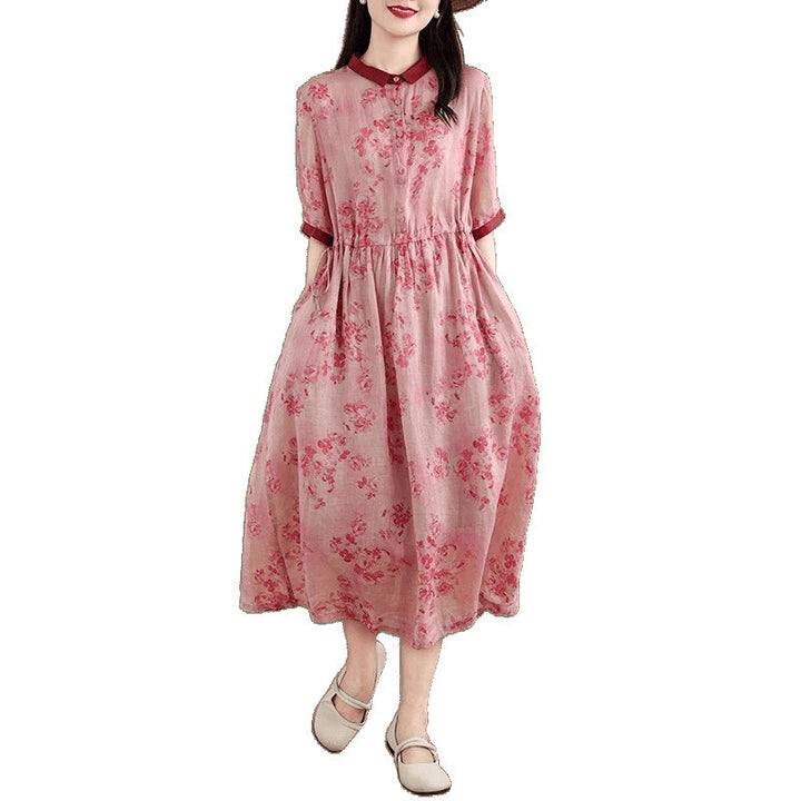 Buddha Stones Retro Printing Floral Pattern Drawstring Design Half Sleeve Cotton Midi Dress With Pockets - image 7