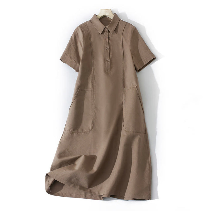 Buddha Stones Summer Retro Solid Color Button Design Short Sleeve Cotton Midi Dress With Pockets