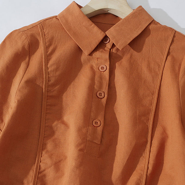 Buddha Stones Summer Retro Solid Color Button Design Short Sleeve Cotton Midi Dress With Pockets - image 2