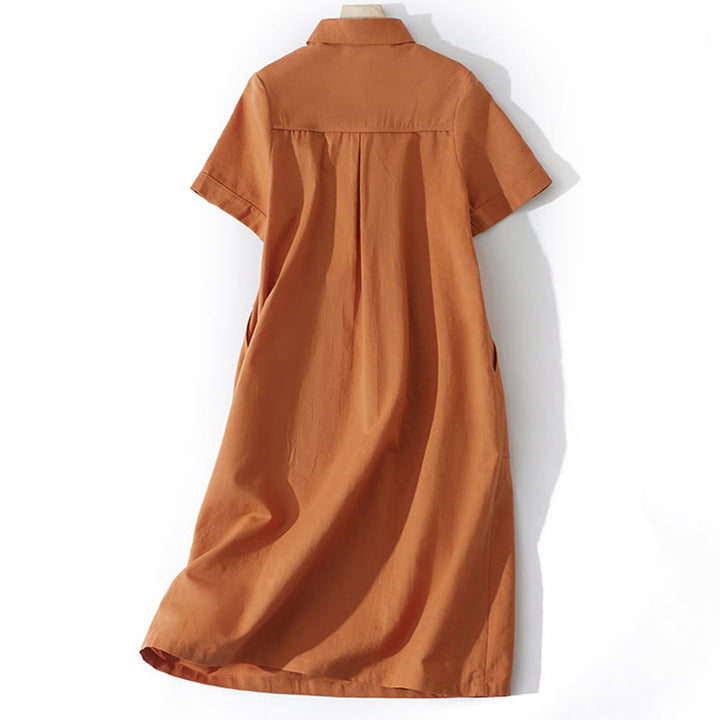Buddha Stones Summer Retro Solid Color Button Design Short Sleeve Cotton Midi Dress With Pockets