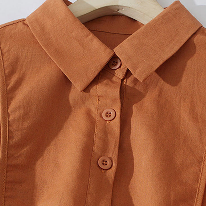 Buddha Stones Summer Retro Solid Color Button Design Short Sleeve Cotton Midi Dress With Pockets
