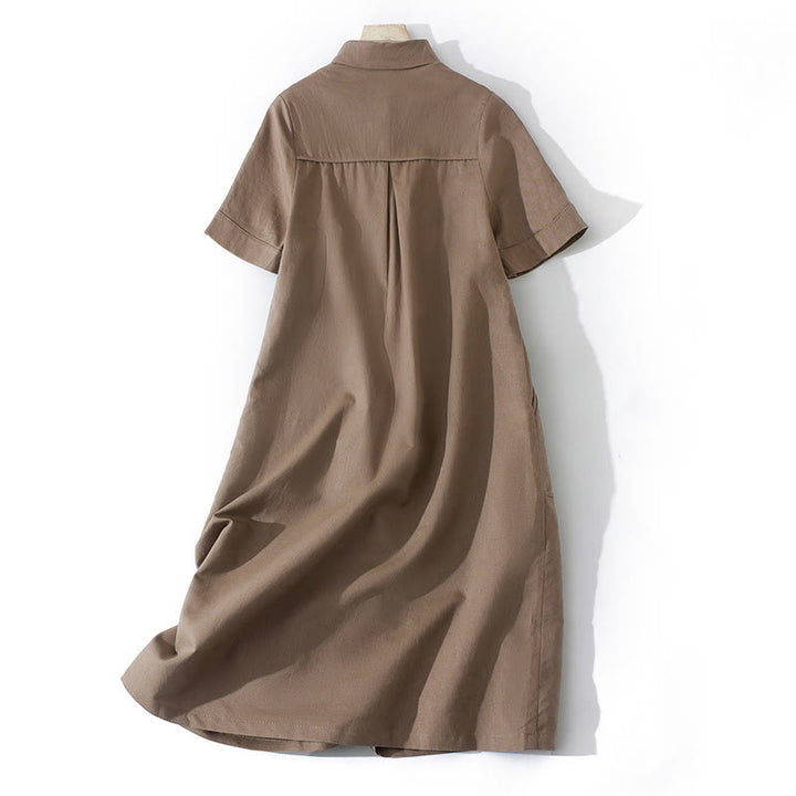 Buddha Stones Summer Retro Solid Color Button Design Short Sleeve Cotton Midi Dress With Pockets