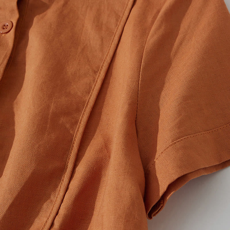 Buddha Stones Summer Retro Solid Color Button Design Short Sleeve Cotton Midi Dress With Pockets - image 5