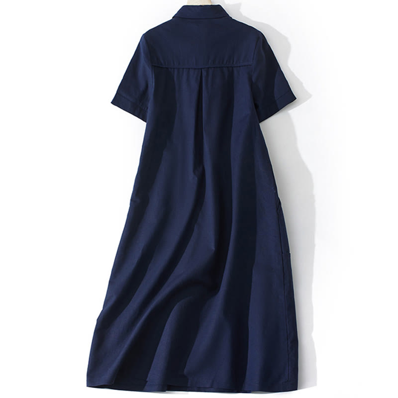 Buddha Stones Summer Retro Solid Color Button Design Short Sleeve Cotton Midi Dress With Pockets