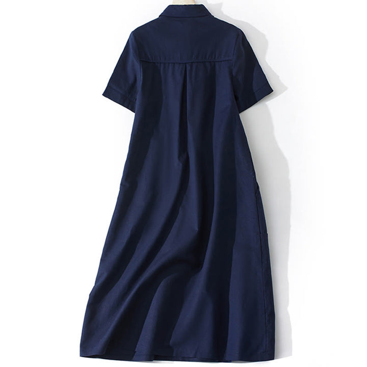Buddha Stones Summer Retro Solid Color Button Design Short Sleeve Cotton Midi Dress With Pockets