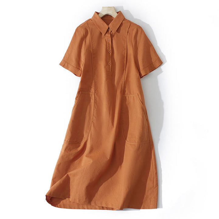 Buddha Stones Summer Retro Solid Color Button Design Short Sleeve Cotton Midi Dress With Pockets