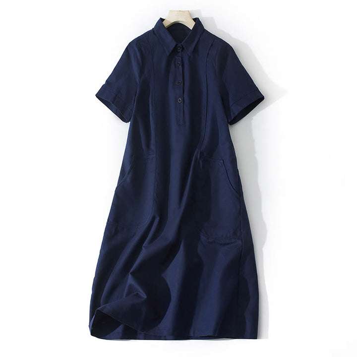 Buddha Stones Summer Retro Solid Color Button Design Short Sleeve Cotton Midi Dress With Pockets - MidnightBlue - US8-10，UK/AU12-14，EU40-42 (2XL) - image 16