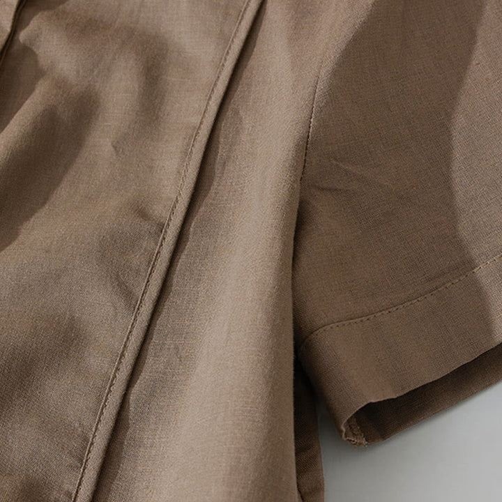 Buddha Stones Summer Retro Solid Color Button Design Short Sleeve Cotton Midi Dress With Pockets - image 14