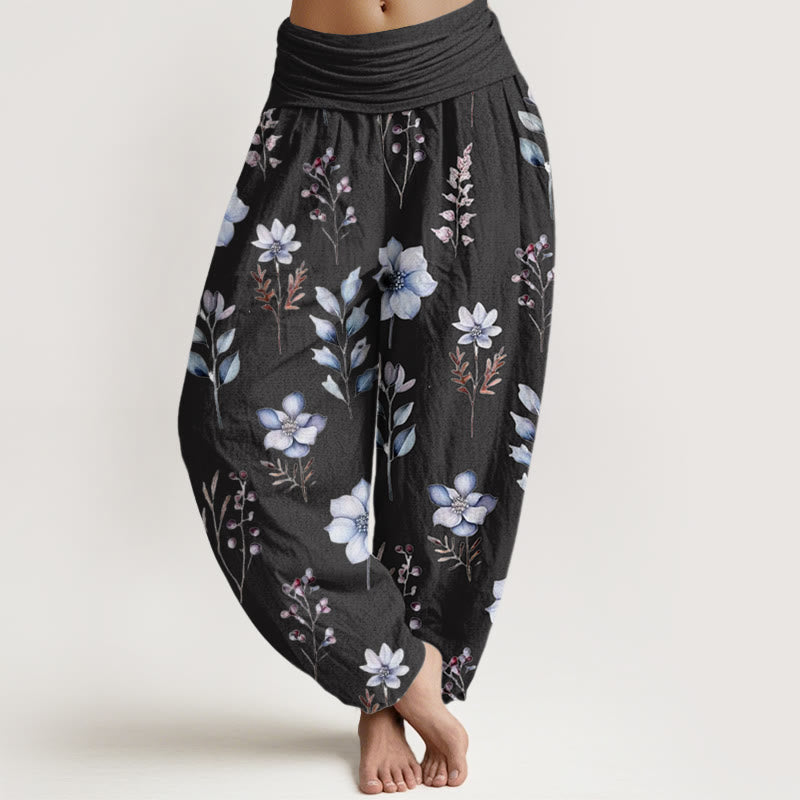 Buddha Stones Casual Delicate Floral Leaves Pattern Women's Elastic Waist Harem Pants - Black - US22，UK/AU26，EU54 (6XL) - image 1