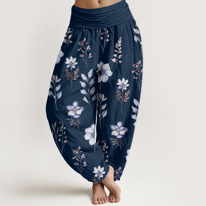 Buddha Stones Casual Delicate Floral Leaves Pattern Women's Elastic Waist Harem Pants - MidnightBlue - US22，UK/AU26，EU54 (6XL) - image 5