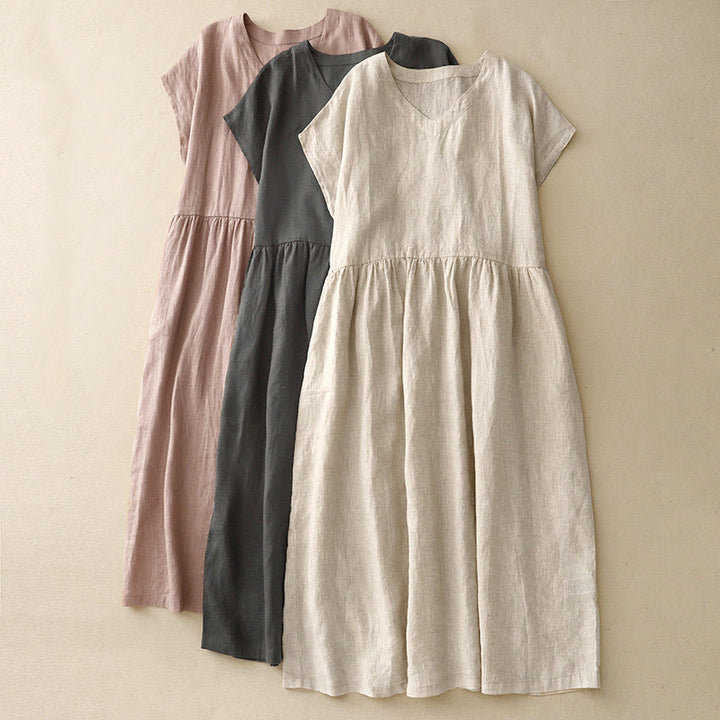 Buddha Stones Casual Artistic Solid Color Simple Design High Waist Short Sleeve Cotton Linen Midi Dress With Pockets - image 19