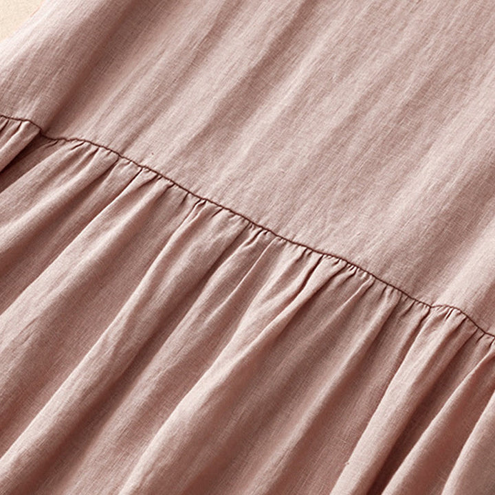 Buddha Stones Casual Artistic Solid Color Simple Design High Waist Short Sleeve Cotton Linen Midi Dress With Pockets - image 17