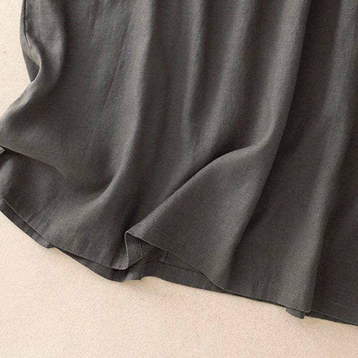 Buddha Stones Casual Artistic Solid Color Simple Design High Waist Short Sleeve Cotton Linen Midi Dress With Pockets - image 12